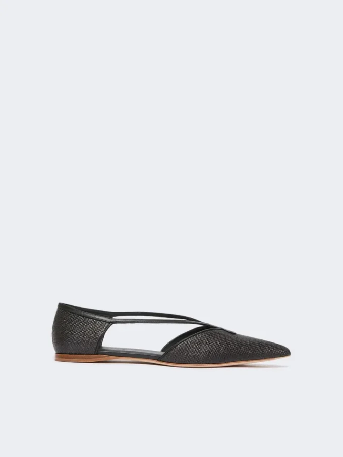 Ballerina’s met raffia-look en gevlochten patroon, zwart Ballerina’s met raffia-look en gevlochten patroon, zwart
