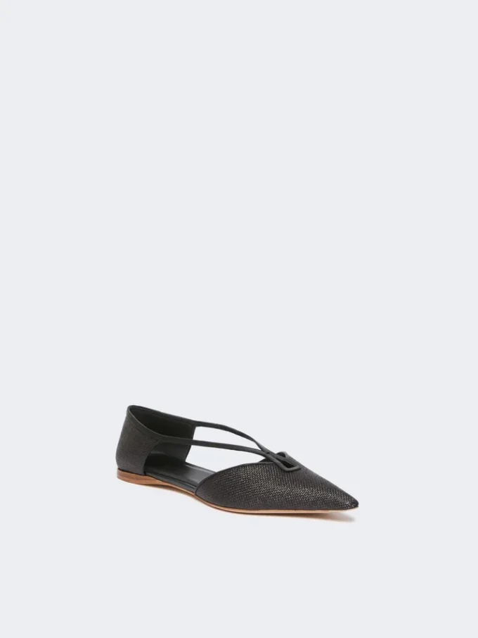 Ballerina’s met raffia-look en gevlochten patroon, zwart Ballerina’s met raffia-look en gevlochten patroon, zwart