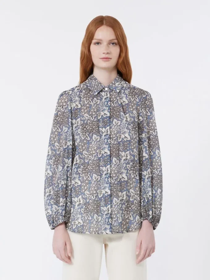 Bedrukt katoenen voile shirt, marineblauw Bedrukt katoenen voile shirt, marineblauw