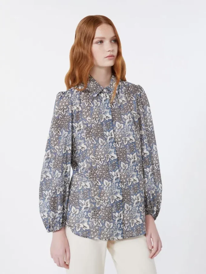 Bedrukt katoenen voile shirt, marineblauw Bedrukt katoenen voile shirt, marineblauw