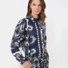 Bedrukt zijden patchwork overhemd, marineblauw Bedrukt zijden patchwork overhemd, marineblauw