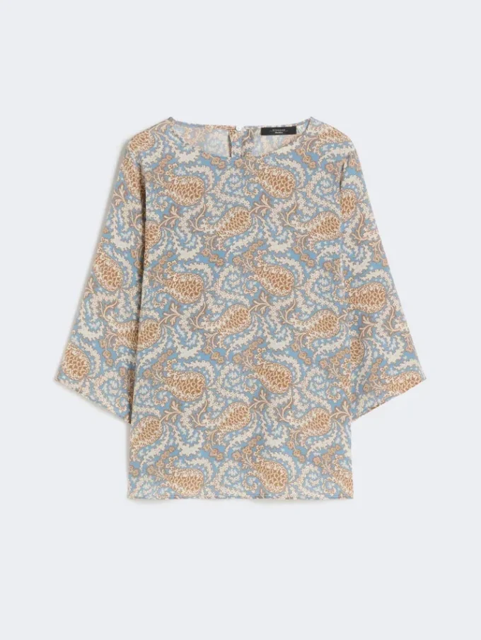 Bedrukte blouse van crêpe de chine van zijde, lichtblauw Bedrukte blouse van crêpe de chine van zijde, lichtblauw