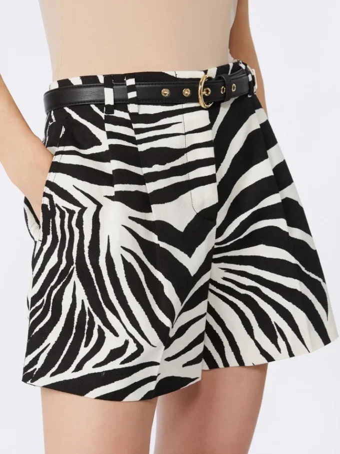 Bedrukte katoenen en linnen short, zwart Bedrukte katoenen en linnen short, zwart