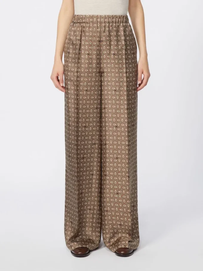 Bedrukte zijden broek, modderkleur