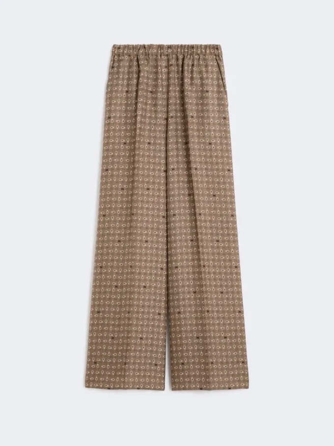 Bedrukte zijden broek, modderkleur