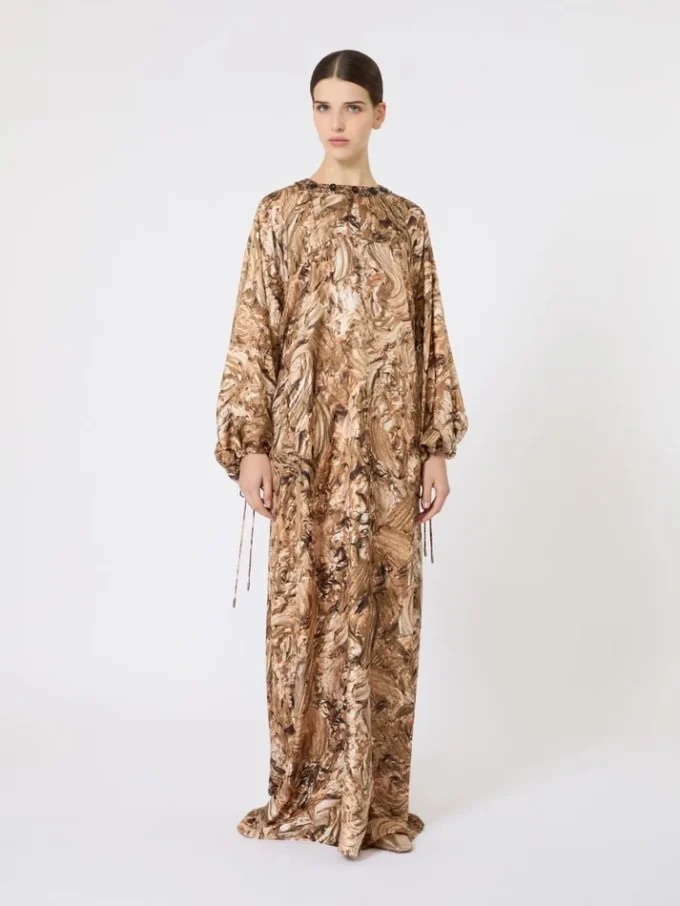 Bedrukte zijden tuniekjurk, goud Bedrukte zijden tuniekjurk, goud