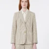 Blazer van katoen en linnen seersucker, zandkleur