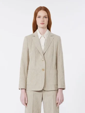 Blazer van katoen en linnen seersucker, zandkleur