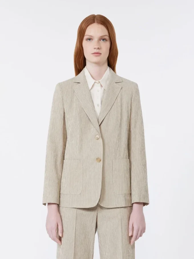Blazer van katoen en linnen seersucker, zandkleur