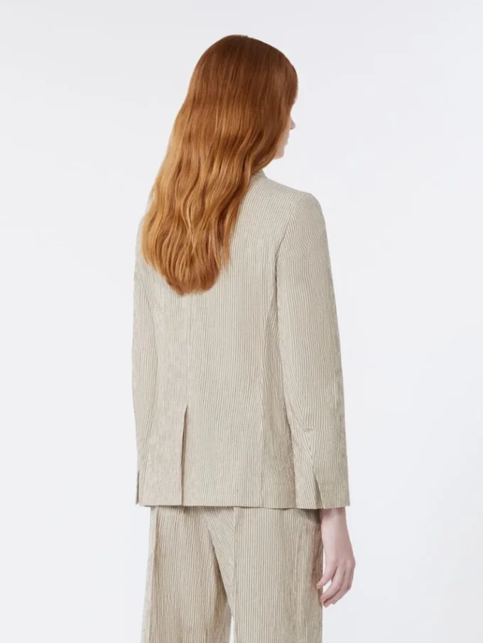 Blazer van katoen en linnen seersucker, zandkleur
