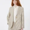 Blazer van katoen en linnen seersucker, zandkleur