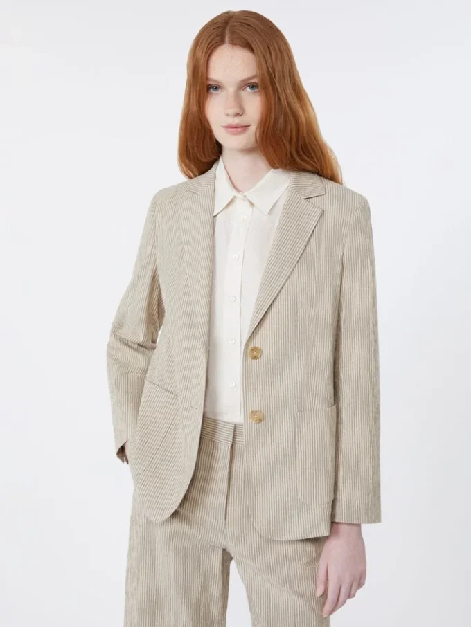 Blazer van katoen en linnen seersucker, zandkleur