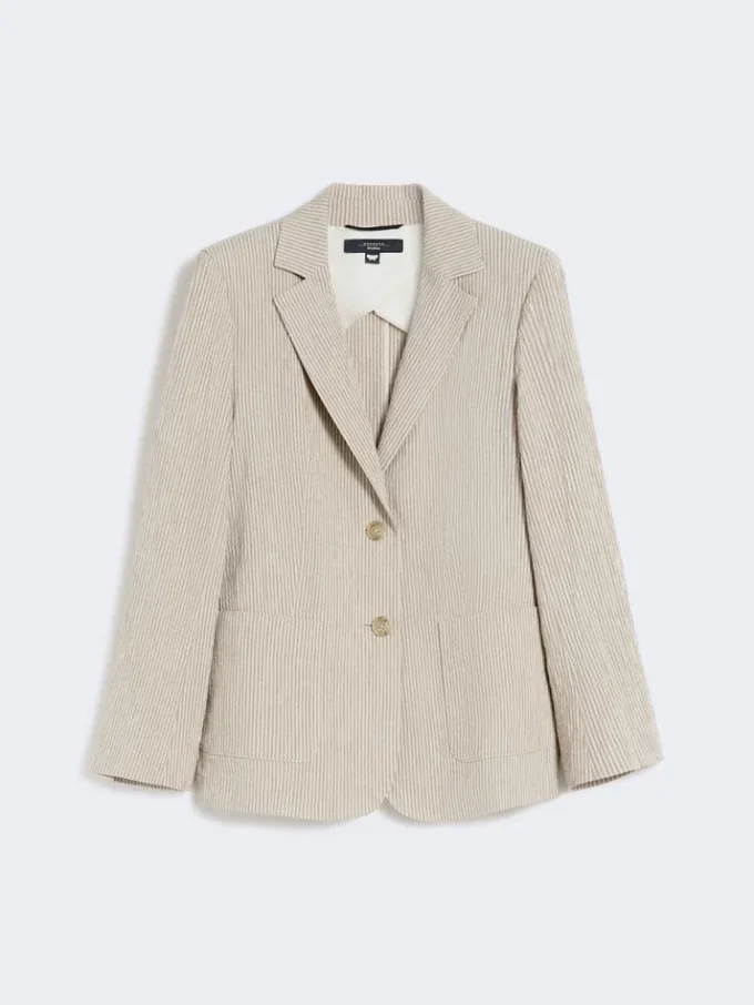 Blazer van katoen en linnen seersucker, zandkleur
