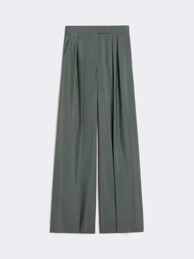 Breedvallende broek van wol en zijde, donkergroen Breedvallende broek van wol en zijde, donkergroen