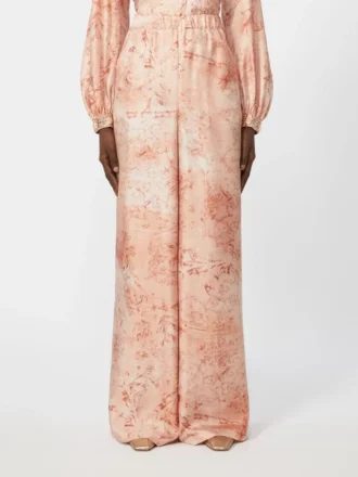 Breedvallende zijden broek met print, roze