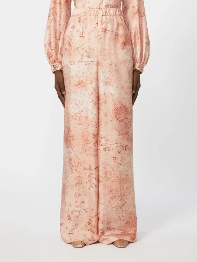 Breedvallende zijden broek met print, roze Breedvallende zijden broek met print, roze