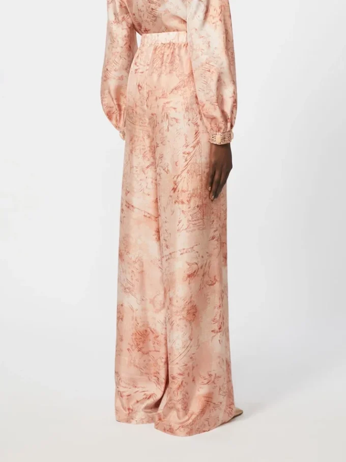 Breedvallende zijden broek met print, roze Breedvallende zijden broek met print, roze