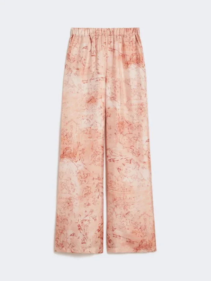 Breedvallende zijden broek met print, roze Breedvallende zijden broek met print, roze
