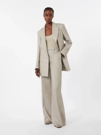 Broek van linnen twill met visgraatmotief, beige
