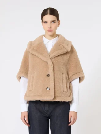 Cape van alpaca en kasjmier teddy-stof met boxy-pasvorm, beige
