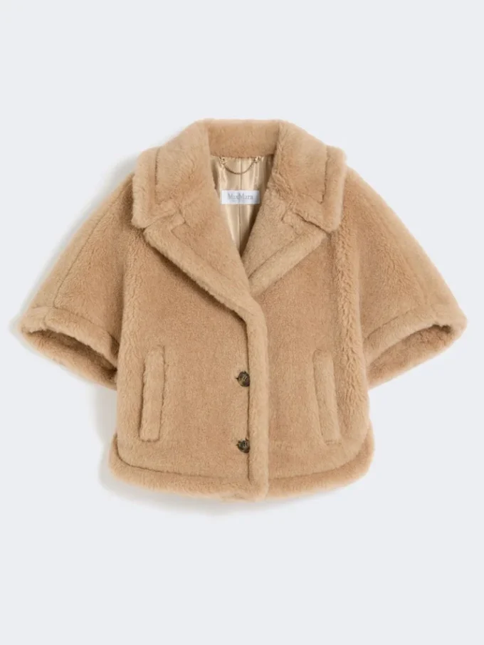 Cape van alpaca en kasjmier teddy-stof met boxy-pasvorm, beige Cape van alpaca en kasjmier teddy-stof met boxy-pasvorm, beige