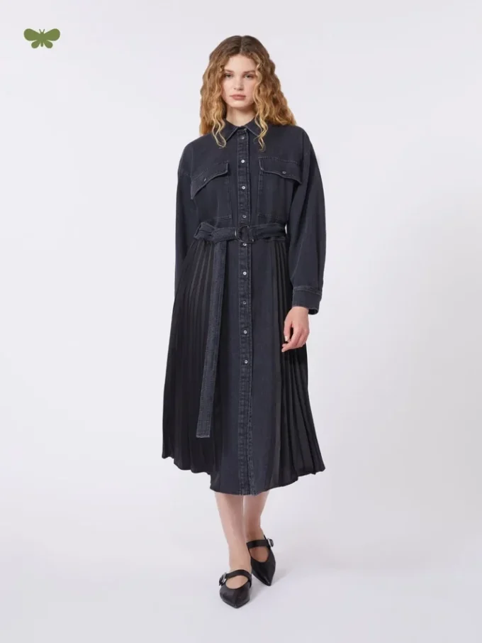 Denim en satijnen overhemdjurk, zwart Denim en satijnen overhemdjurk, zwart