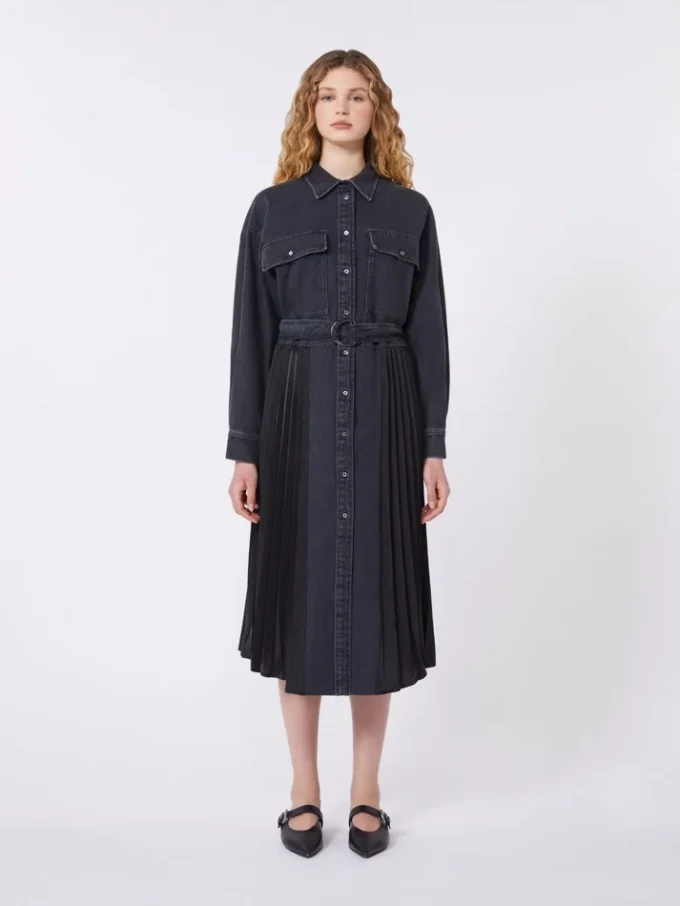 Denim en satijnen overhemdjurk, zwart Denim en satijnen overhemdjurk, zwart