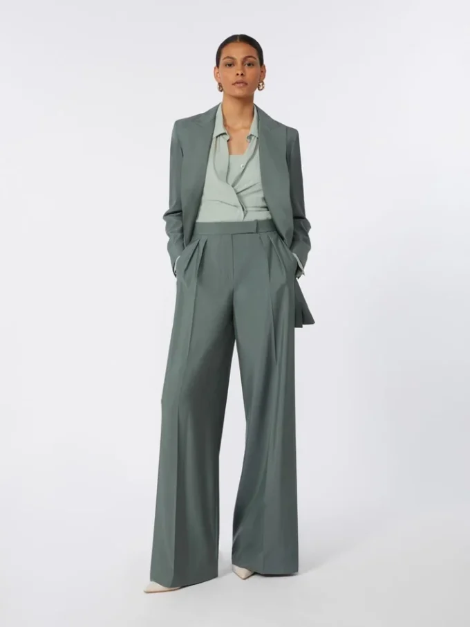 Breedvallende broek van wol en zijde, donkergroen Breedvallende broek van wol en zijde, donkergroen