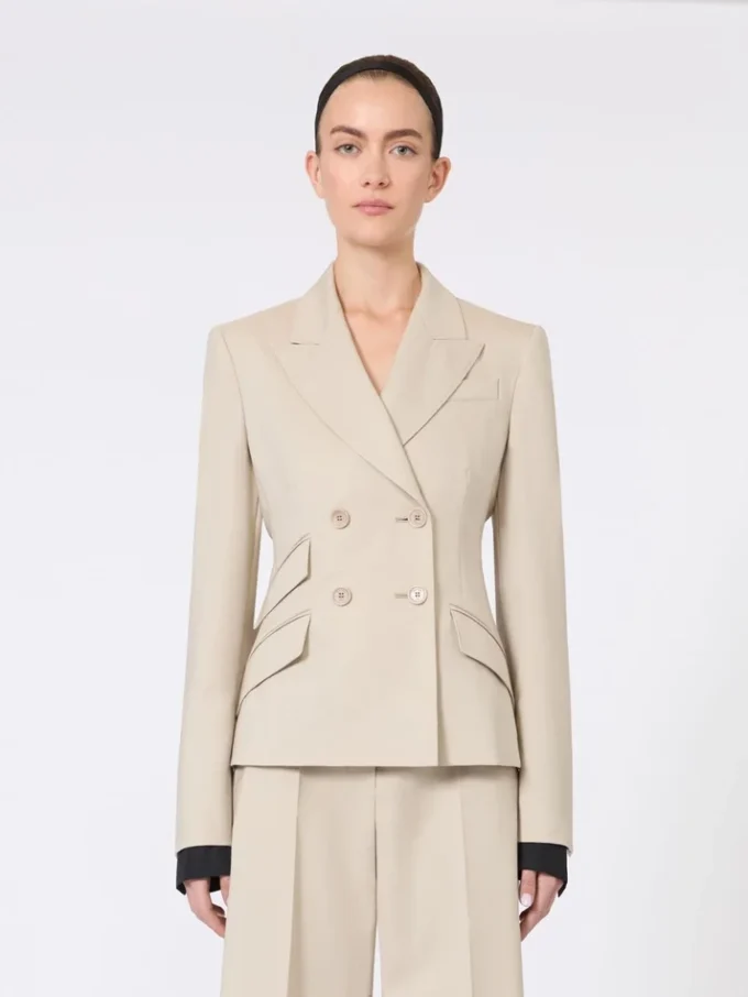 Dubbelrijige blazer van wol, mohair en zijde, zandkleur