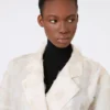Dubbelrijige overjas van fil coupa-jacquard, zandkleur Dubbelrijige overjas van fil coupa-jacquard, zandkleur