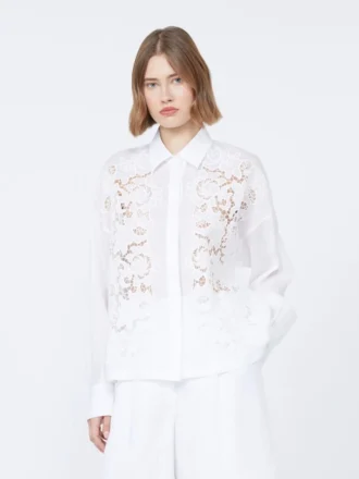 Geborduurd boxy shirt van ramie canvas, wit