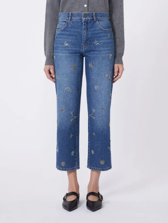 Geborduurde denim jeans, marineblauw