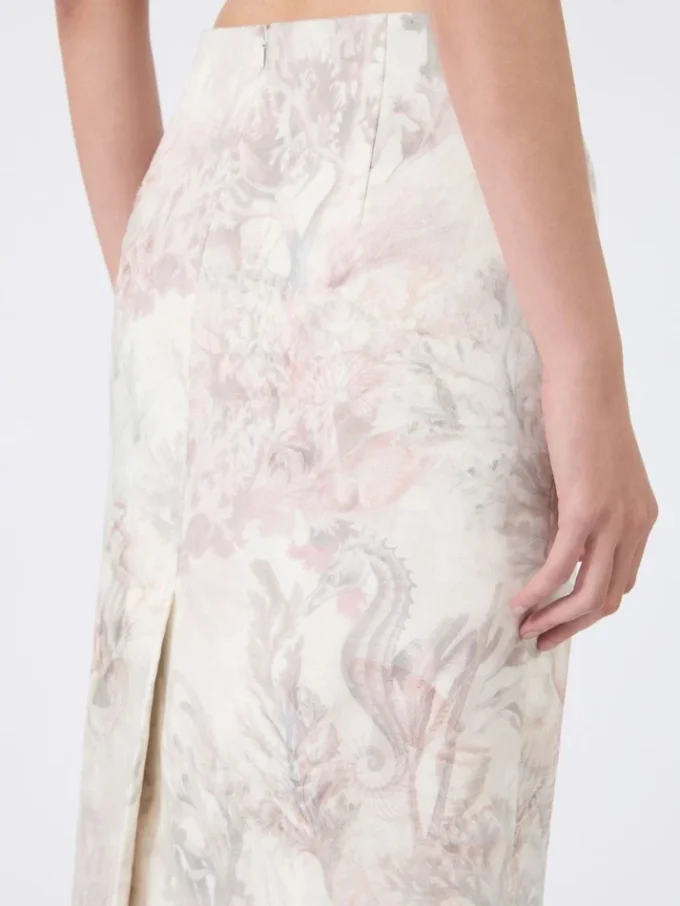 Geprinte organza en gabardine kokerrok, wit Geprinte organza en gabardine kokerrok, wit