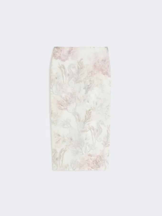Geprinte organza en gabardine kokerrok, wit Geprinte organza en gabardine kokerrok, wit