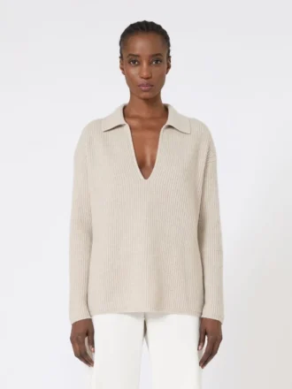 Geribde kasjmier trui, beige