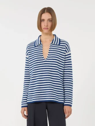 Geribde kasjmier trui, wit-blauw