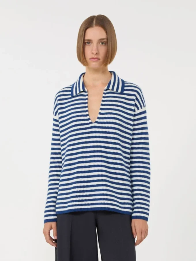 Geribde kasjmier trui, wit-blauw Geribde kasjmier trui, wit-blauw