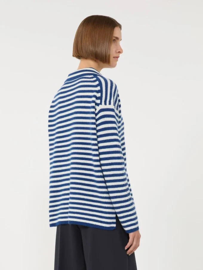 Geribde kasjmier trui, wit-blauw Geribde kasjmier trui, wit-blauw