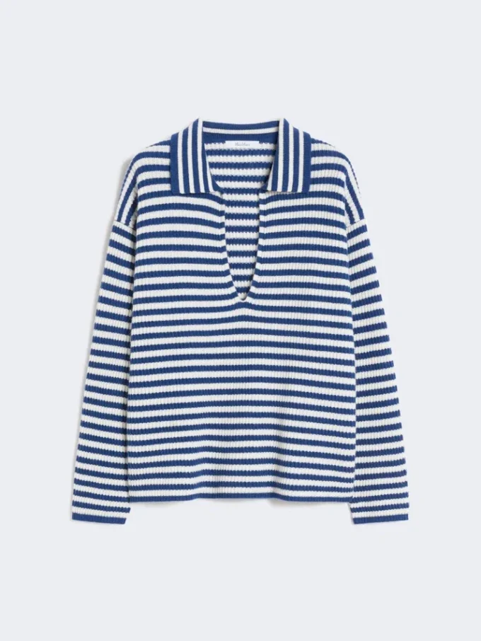 Geribde kasjmier trui, wit-blauw Geribde kasjmier trui, wit-blauw