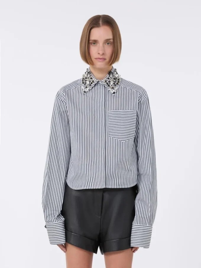 Gestreepte cropped popeline overhemd, zwart Gestreepte cropped popeline overhemd, zwart