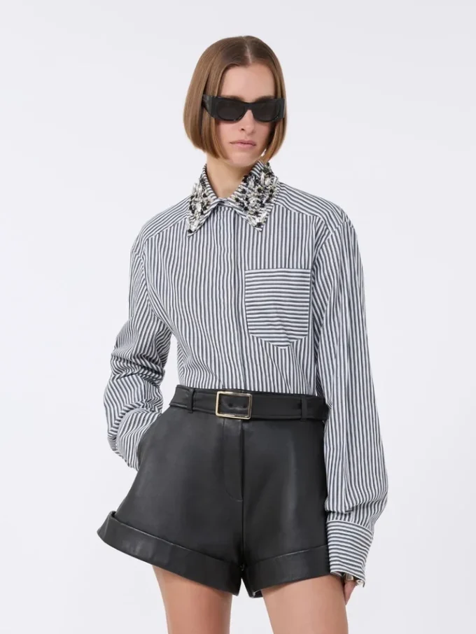 Gestreepte cropped popeline overhemd, zwart Gestreepte cropped popeline overhemd, zwart