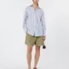 Gestreepte katoenen blouse met kant met oogjes, marineblauw Gestreepte katoenen blouse met kant met oogjes, marineblauw