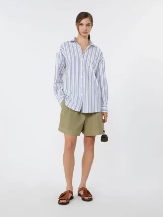 Gestreepte katoenen blouse met kant met oogjes, marineblauw