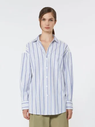 Gestreepte katoenen blouse met kant met oogjes, marineblauw