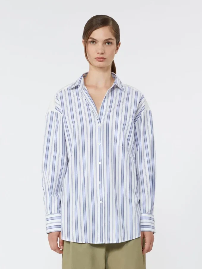 Gestreepte katoenen blouse met kant met oogjes, marineblauw Gestreepte katoenen blouse met kant met oogjes, marineblauw