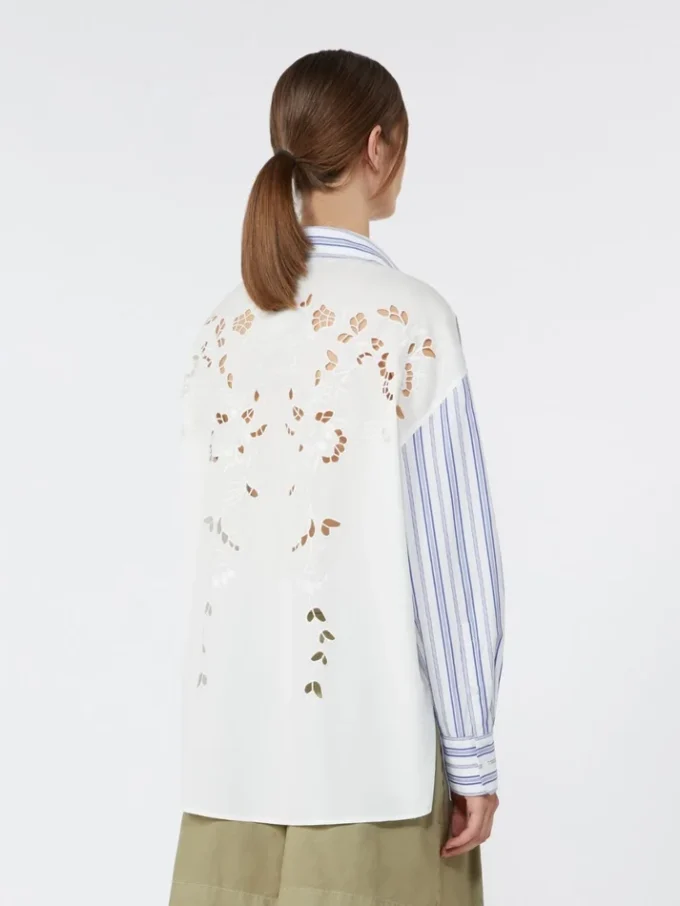 Gestreepte katoenen blouse met kant met oogjes, marineblauw Gestreepte katoenen blouse met kant met oogjes, marineblauw