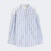 Gestreepte katoenen blouse met kant met oogjes, marineblauw Gestreepte katoenen blouse met kant met oogjes, marineblauw
