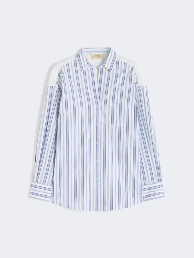 Gestreepte katoenen blouse met kant met oogjes, marineblauw Gestreepte katoenen blouse met kant met oogjes, marineblauw