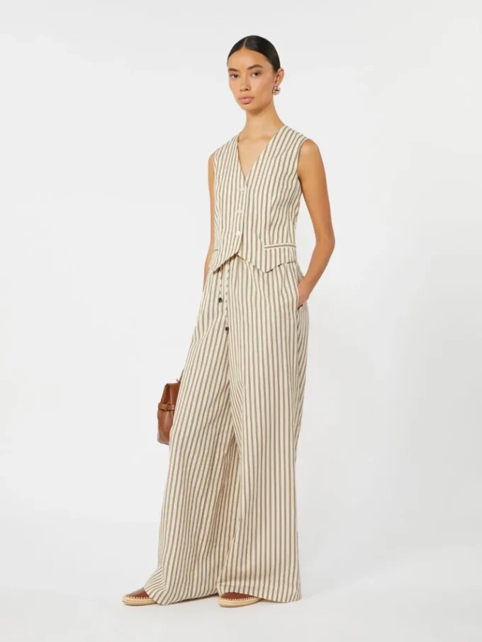 Wijde gestreepte broek van katoen en zijde, beige Wijde gestreepte broek van katoen en zijde, beige