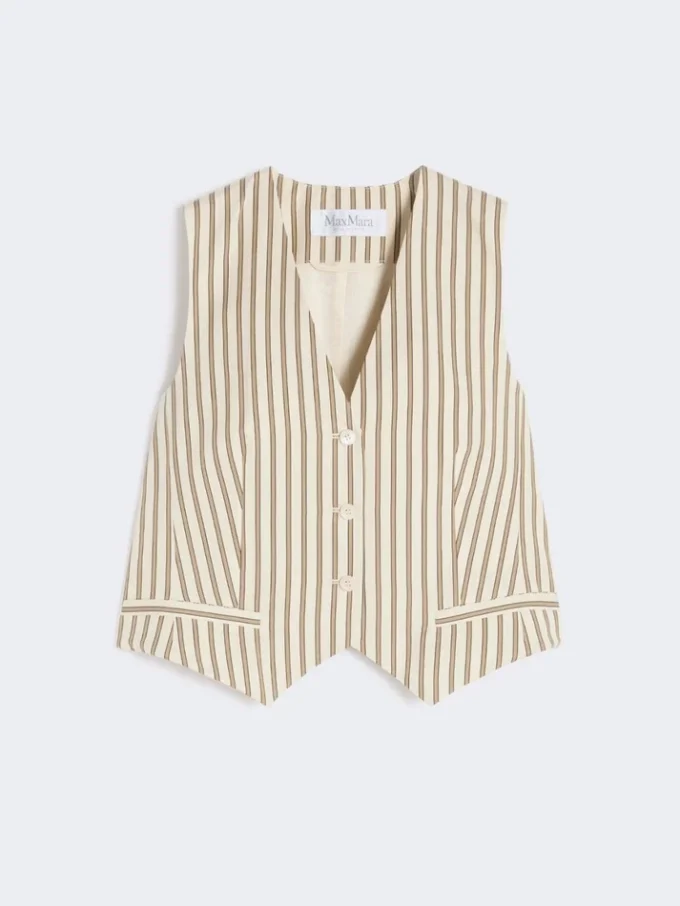 Gestreepte katoenen en zijden canvas vest, beige Gestreepte katoenen en zijden canvas vest, beige